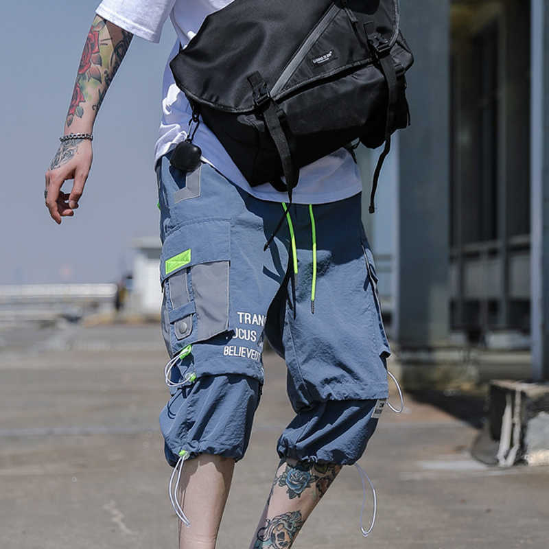 SFABL Summer Hip Hop Shorts Men Black Harem Short Pants Multi-Pocket Ribbons Man Streetwear Harajuku Loose Mens 3XL 210629