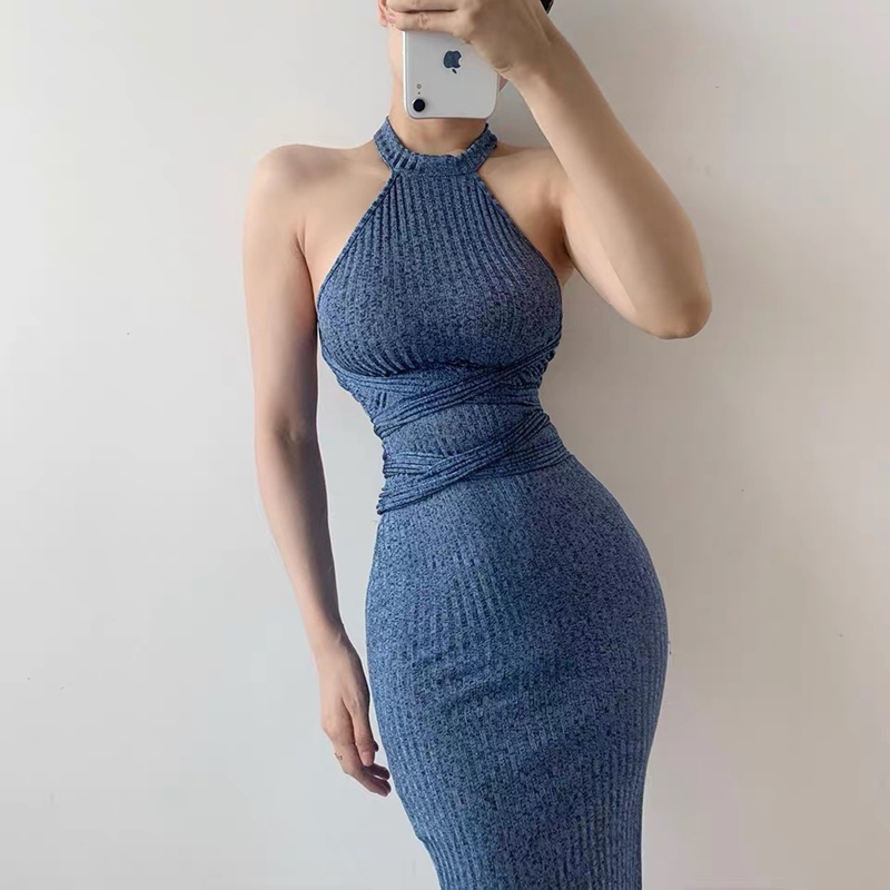 Summer blue pit stripe dress hanging neck sleeveless slit long dress cross tie MIDI dress female 210309