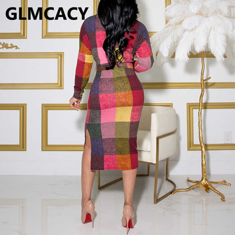 Women Long Sleeve O Neck Plaid Slim Pencil Dress Casual Classy Bodycon Midi Dresses 210702