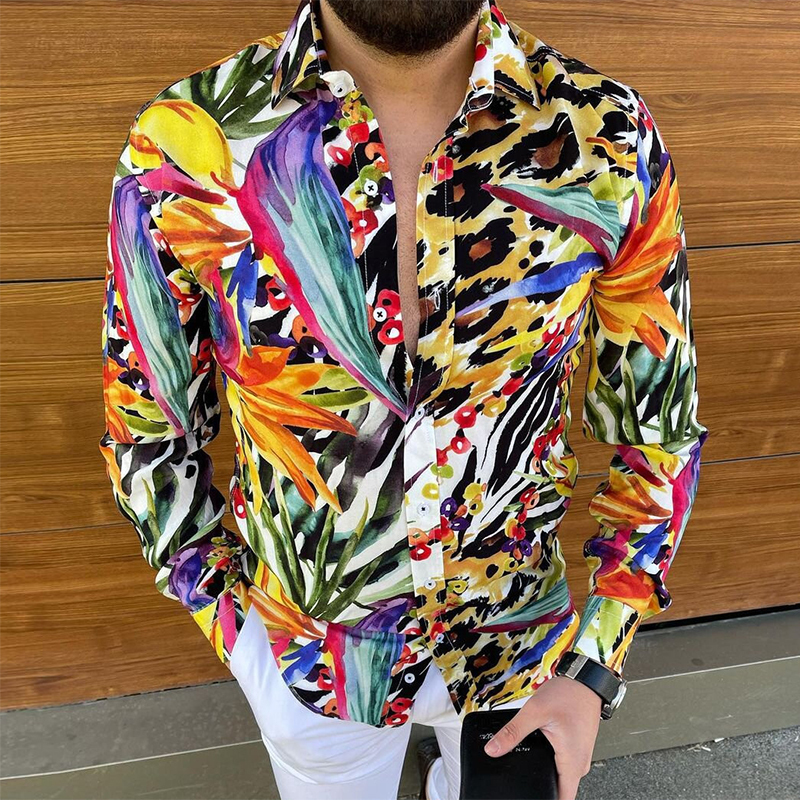 Casual Men's Long Sleeve Shirts Vintage Printed Turn-down Collar Shirt Men Autumn Buttoned Cardigan Tops Fashion Streetwear 220308