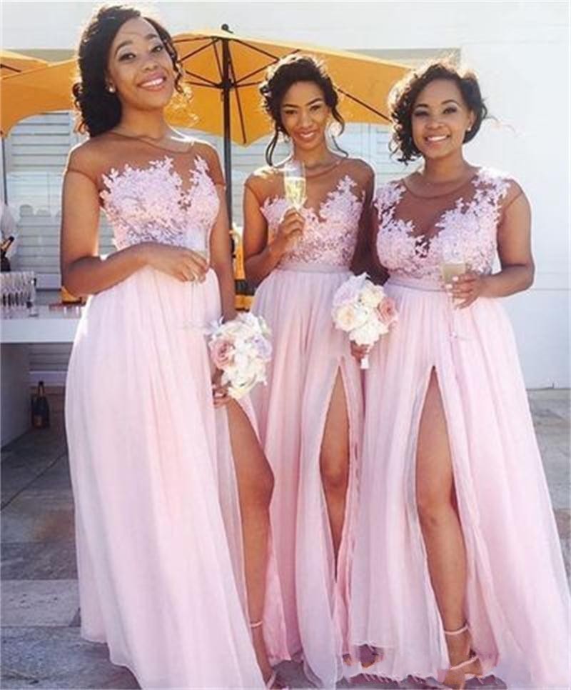 2021 Cheap Sexy Country Blush Pink Bridesmaid Sheer Jewel neck Lace Appliques Maid of Honor Dresses Split Formal Evening Gowns Wear