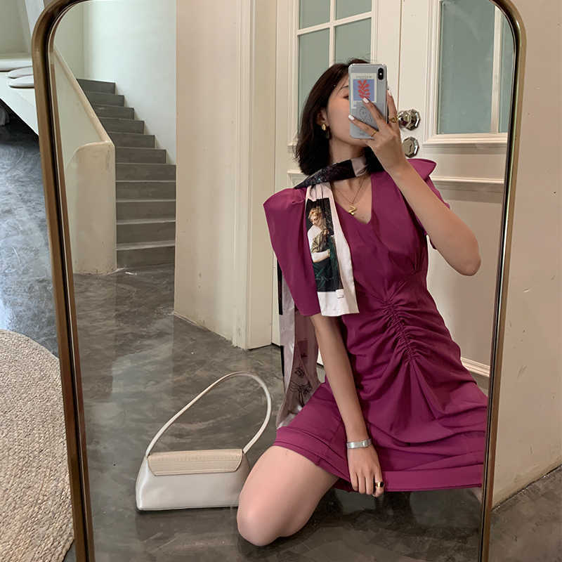 Puff sleeve dress women summer style solid color V neck niche vintage French dresses office lady outfit 210608