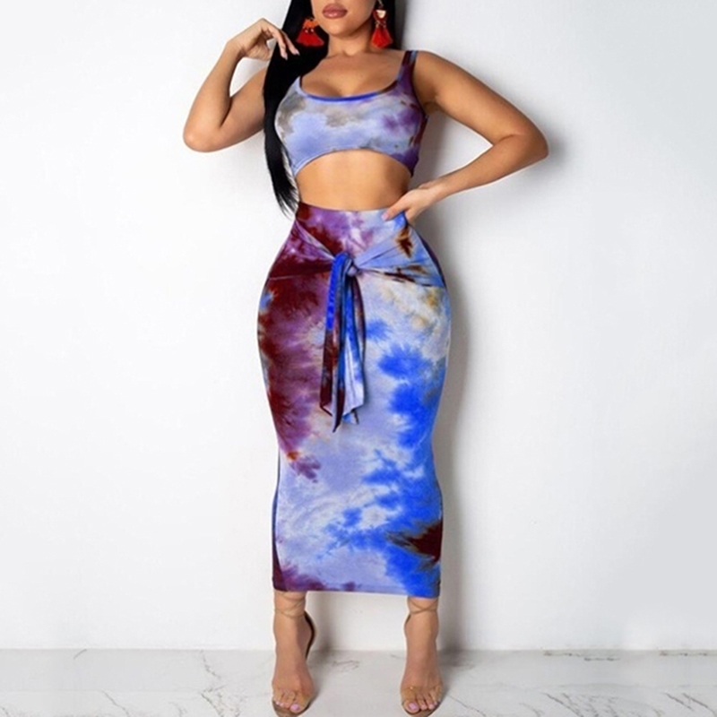 Summer Women Two Piece Set Tie Dye Skirt Set 2 Piece Sexy Streetwear Festival Clothes Tracksuit Outfits Sportswear 210708