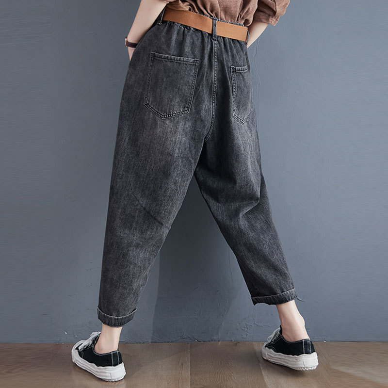 Autumn Korea Fashion Women Cotton Denim Harem Pants all-matched Casual Elastic Waist vintage Blue Loose Jeans Plus Size M634 210302