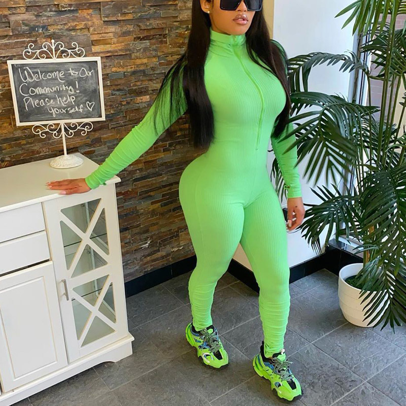 5 Colors Women Spring Fall Jumpsuits Solid Turtleneck Long Sleeve Slim Overalls Zipper Long Fitness Skinny Jogger Jumpsuits 201007