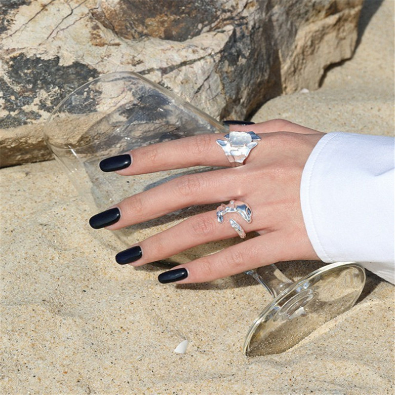 100% 925 Sterling Silver Geometric Rings New Punk Style Irregular Wide Surface Open Size Micro White Crystal Wedding Ring