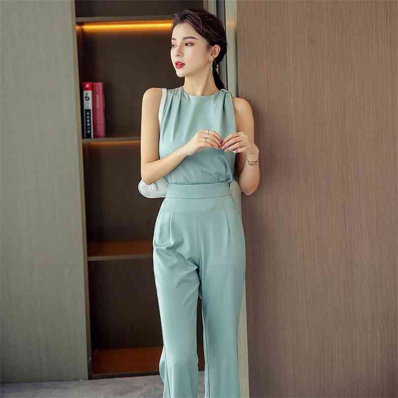 2 piece set Sexy Ladies Suit For women korea Summer Green Sleeveless Stand neck tops Long trousers loose wide-legged pants 210602
2 piece set Sexy Ladies Suit For women korea Summer Green Sleeveless Stand neck tops Long trousers loose wide-legged pants 210602