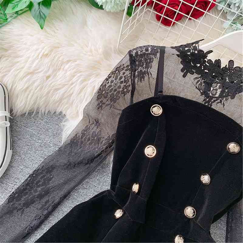 Joinyouth Two Piece Outfits Lace Tulle Pullover Flare Sleeve Shorts Gold Velvet Button Solid Fashion Clothes Female 231 210707