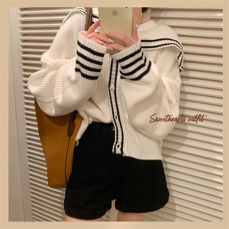 Women's Knits & Tees Preppy Style Retro Long Sleeve Sailor Collar Cardigan White Coat Autumn Loose Hit Striped Sweater Knitted Top Pull Casu
Women's Knits & Tees Preppy Style Retro Long Sleeve Sailor Collar Cardigan White Coat Autumn Loose Hit Striped Sweater Knitted Top Pull Casu