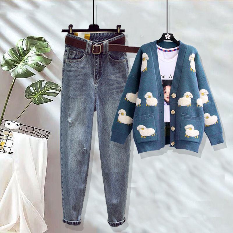 Women' Two Piece Pants Women 201 Autumn Fashion 2 Suits Female Printed Knit Sweater Cardigan Jacket Ladies High Waist Straight Jeans Sets P, Blue
Women' Two Piece Pants Women 201 Autumn Fashion 2 Suits Female Printed Knit Sweater Cardigan Jacket Ladies High Waist Straight Jeans Sets P, Blue