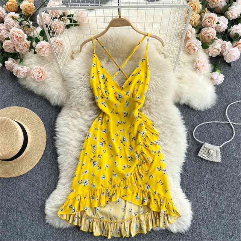 Women Dress Summer Sexy Deep V-neck Spaghetti Strap Floral Print Boho Beach Criss Cross Backless Ruffles Mini Sundress 210603, Yellow
Women Dress Summer Sexy Deep V-neck Spaghetti Strap Floral Print Boho Beach Criss Cross Backless Ruffles Mini Sundress 210603, Yellow