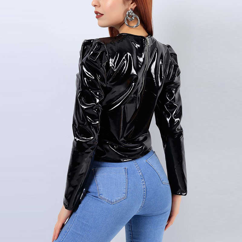 Women Latex Patent Leather O-Neck Tops Long Sleeve Shirt Pullovers PVC Jackets Plus Size Black Red PU Leather Short Coats Custom 211011