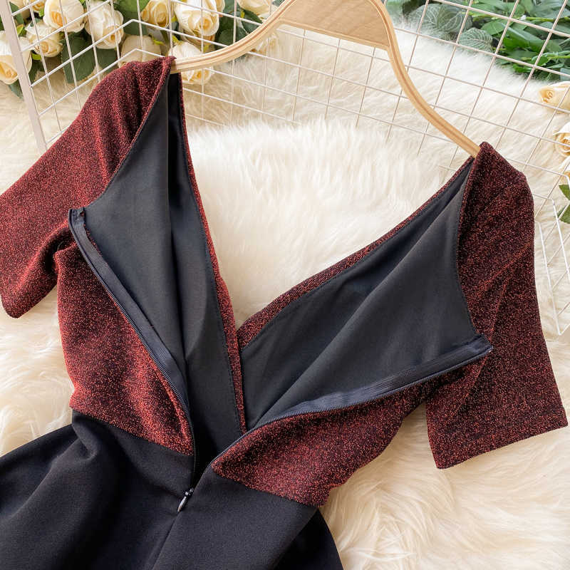 DEAT Summer Arrivals Solid Color Short Sleeve V-neck Bra Waist Slim Patchwork Temperament Sexy Dress MZ688 210709