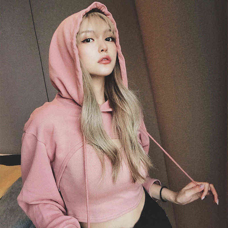 Women Fashion Casual Jogging Hoodies(with Camisole)Korean Loose Short Sweatshirt Female Loose Cropped Hoodies Streetwear Hooded 211108