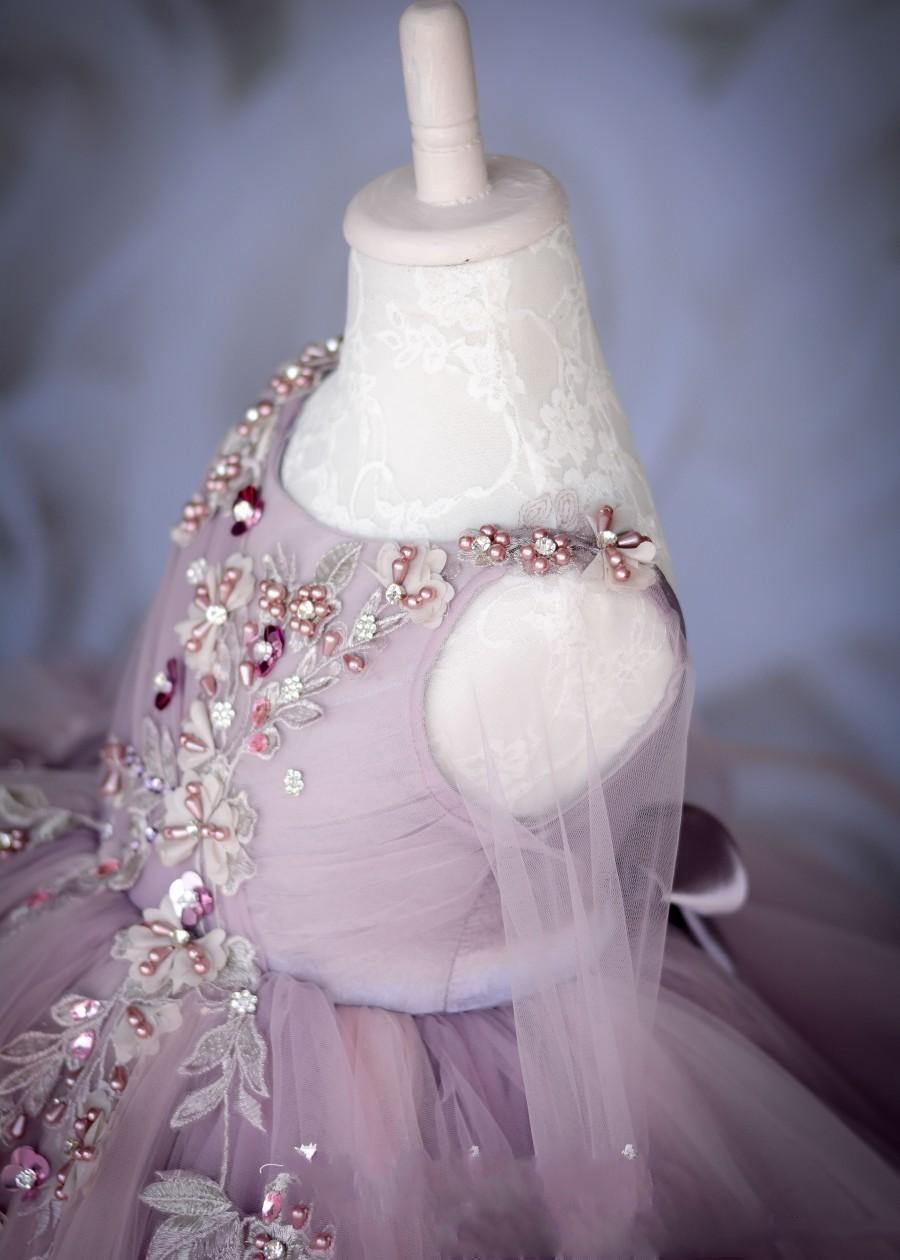New Hot Cute Lilac Ball Gown Flower Girls Long Sleeves Crystal Tulle Ruffles Tiered For Children Kids Birthday Party Dresses
