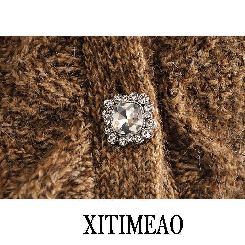 ZA Autumn Winter Knitted Female Decorati Loose Knit Sweater Coat Retro Solid Color V Neck knitted cardigan Women Jacket 210602