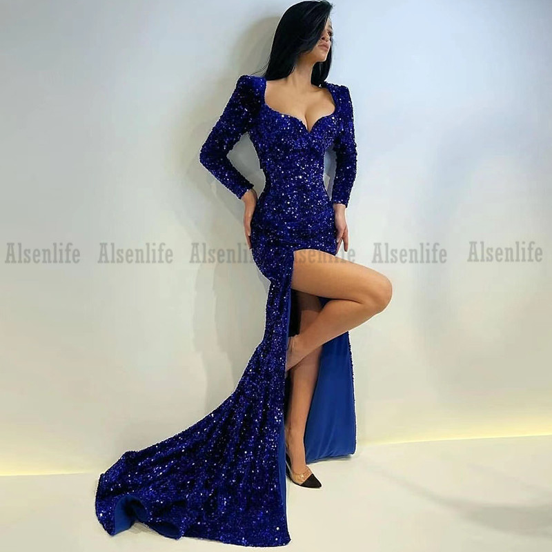 Sparkly Full Sequined Long Sleeves Mermaid Prom Dresses Side Red Luxury Silver Evening Dress Formal Party Pageant Gown