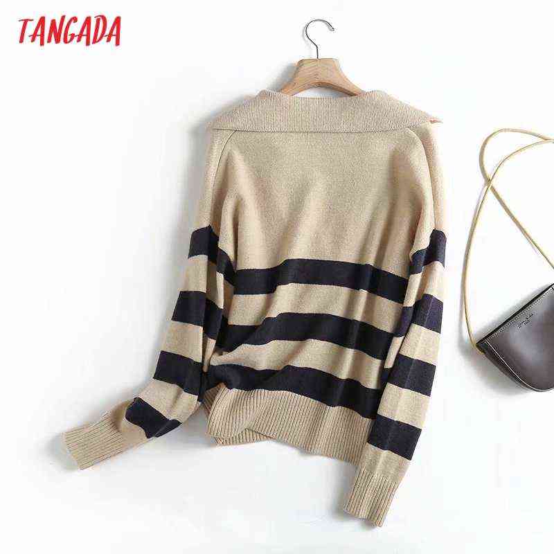 Tangada Women Fashion Striped Knitted Sweater Jumper Female Elegant Oversize Pullovers Chic Tops 4C175 211109