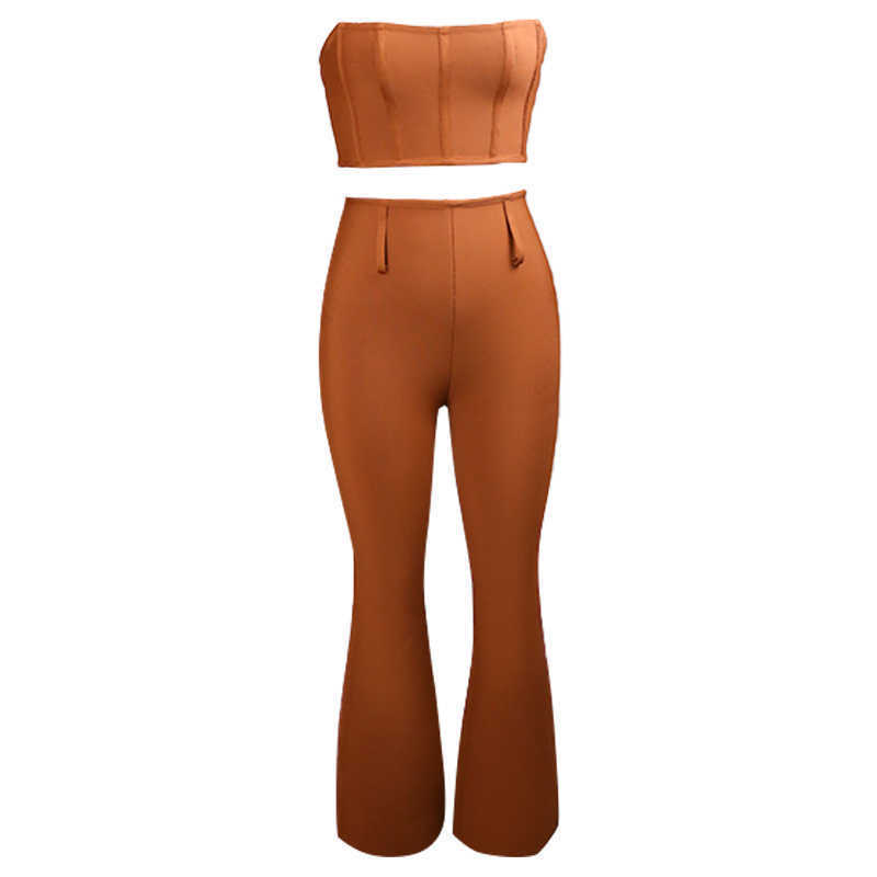 Summer Women'S Brown Strapless Top Sexy Sleeveless High Waist Pants Elegant Women Celebrity Fashion Suit 210527
