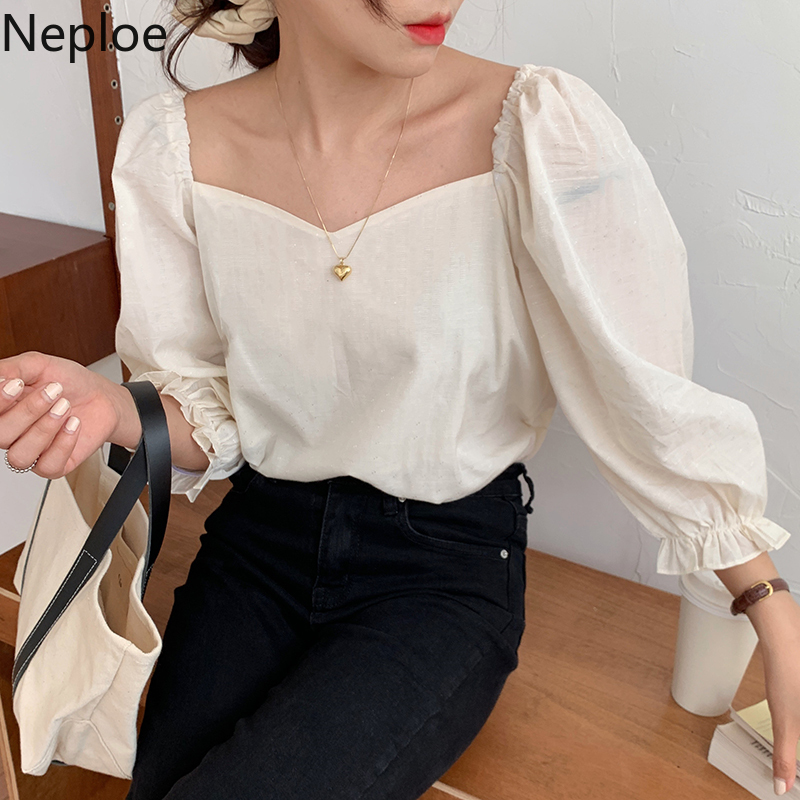 Neploe Blouse Women Korean Chic Sqaure Collar Puff Sleeve Ladies Blusa Shirts Spring Fashion Casual Female Tops 1C595 210225