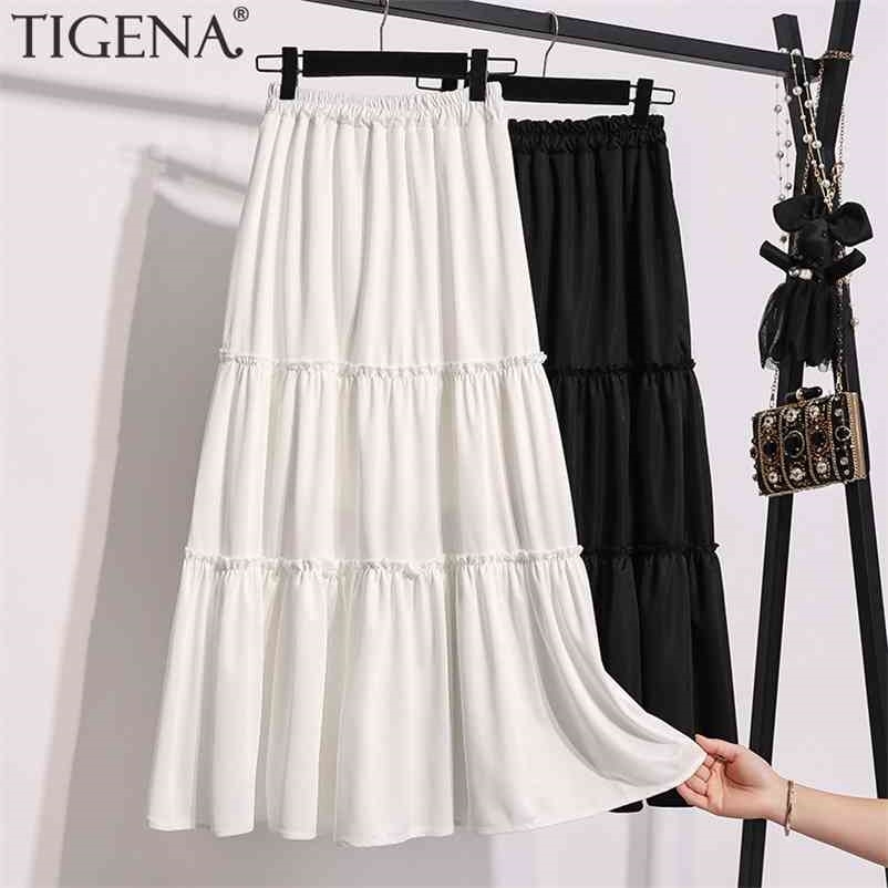 TIGENA Midi Long Skirt Women Fashion Summer Casual Simple Solid Black White A Line High Waist Female Korean Style 210621