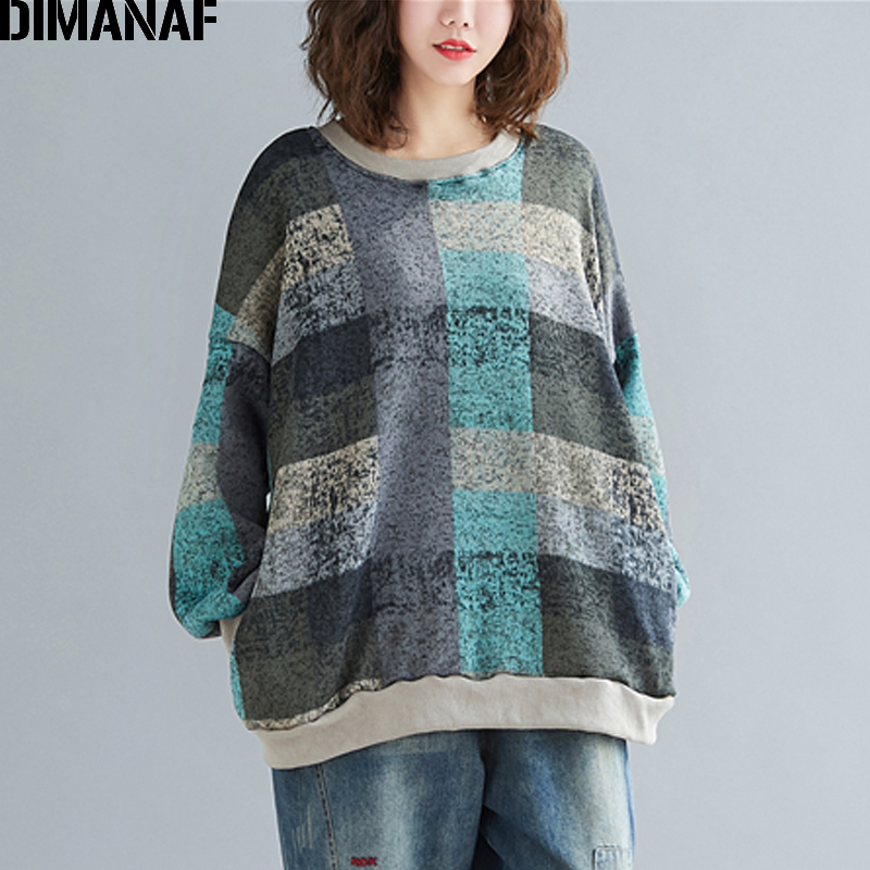 DIMANAF Autumn Winter Oversize Women Sweatshirts Lady Tops Pullovers Knitting Cotton Thick Vintage Loose Long Sleeve Plus Size T200407