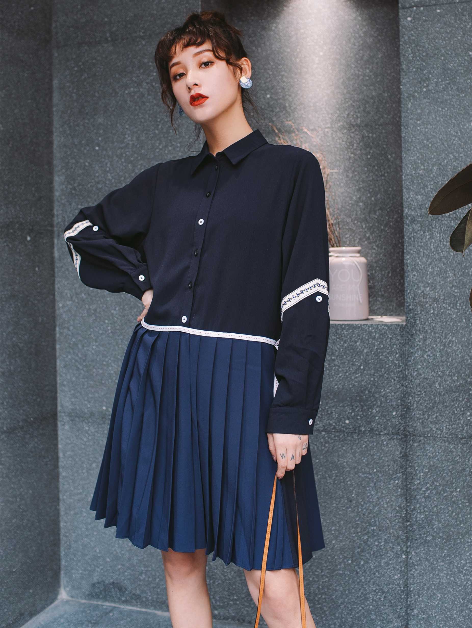 Spring and Summer Cotton Casual Shirts Splice England Style Pleated Patchwork Draped Dress Elegant Women 210615