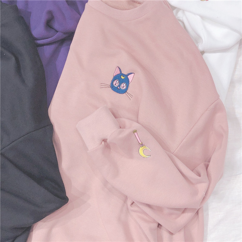 Woherb Spring Summer Harajuku Kawaii Thin Sweatshirt Women Sailor Moon Embroidery Cosplay Long Sleeve Tops Hoodie 21262 201211