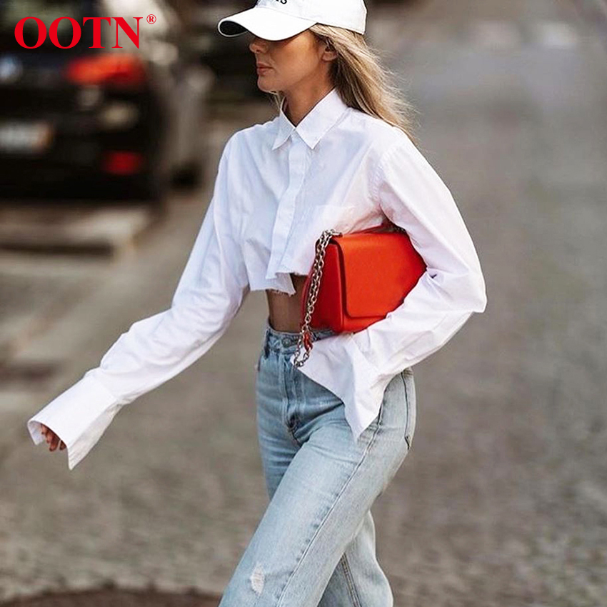 OOTN White Sexy Crop Top Long Sleeve Women Blouse Shirt Cotton Solid Asymmetrical Hem Casual Top Female Blouse Button Bown 210302 - view 4