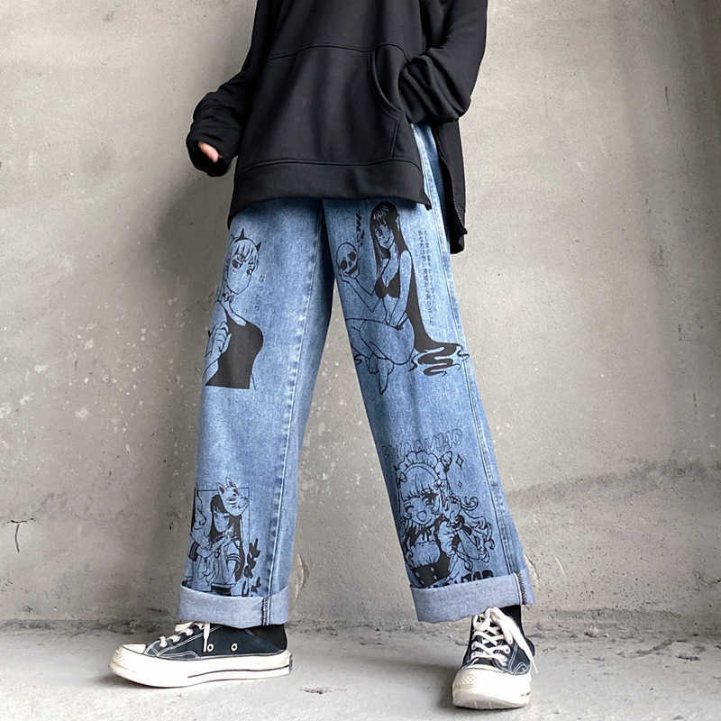 Washed Jeans Women Harajuku Anime Print Baggy Men's Streetwear Cotton Fashion y2k man Loose Wide Leg Pants 211009