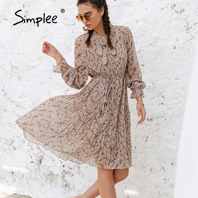Simplee Elegant spring summer floral print midi dress women Ruffle sleeve bow sash pleated dress chic High waist dresses loose 210309