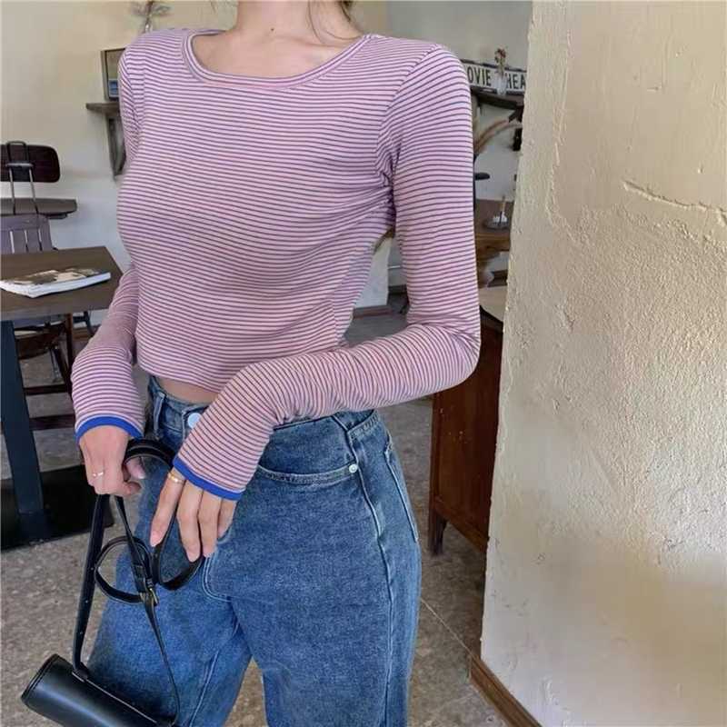 Spring and autumn short striped long-sleeved t-shirt female simple style girl round neck top casual all-match women's clothing 210604, Lavender
Spring and autumn short striped long-sleeved t-shirt female simple style girl round neck top casual all-match women's clothing 210604, Lavender