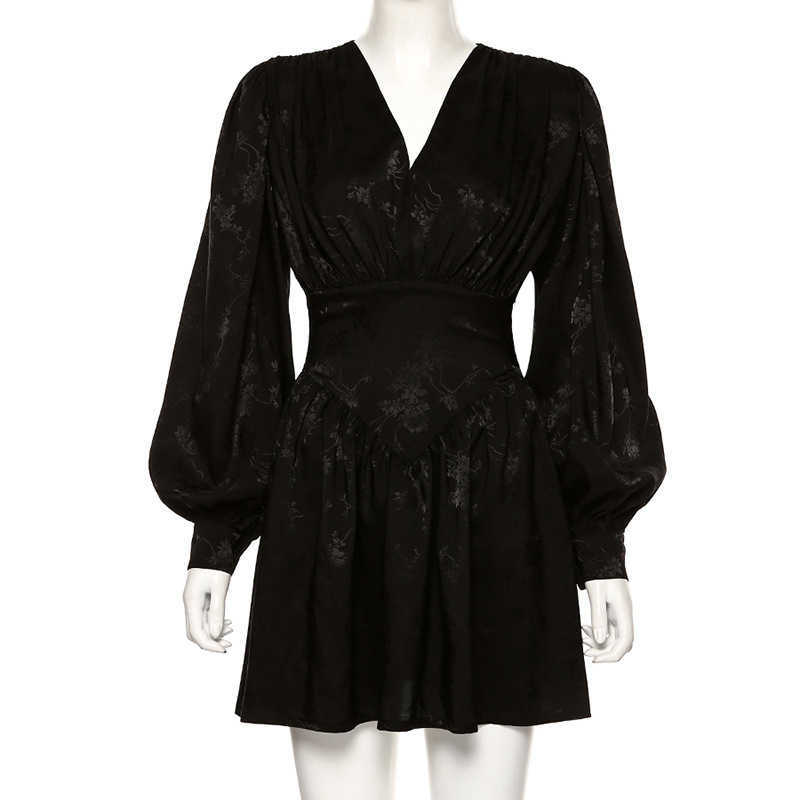 DEAT Spring Long Lantern Sleeve V Neck Black Embroidery Ruffles Short Mini Pleated Dress Women MH692 210709