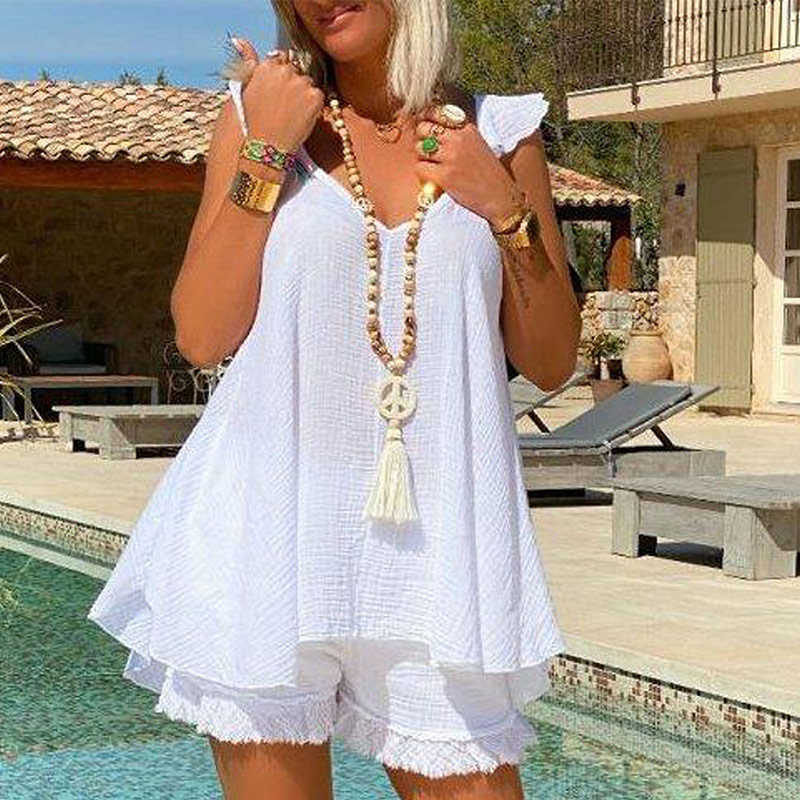 Casual Cotton Linen Beach Suits Summer Butterfly Sleeveless Tops And Tassels Shorts Two Piece Set Beach Female Elegant Tracksuit 210709