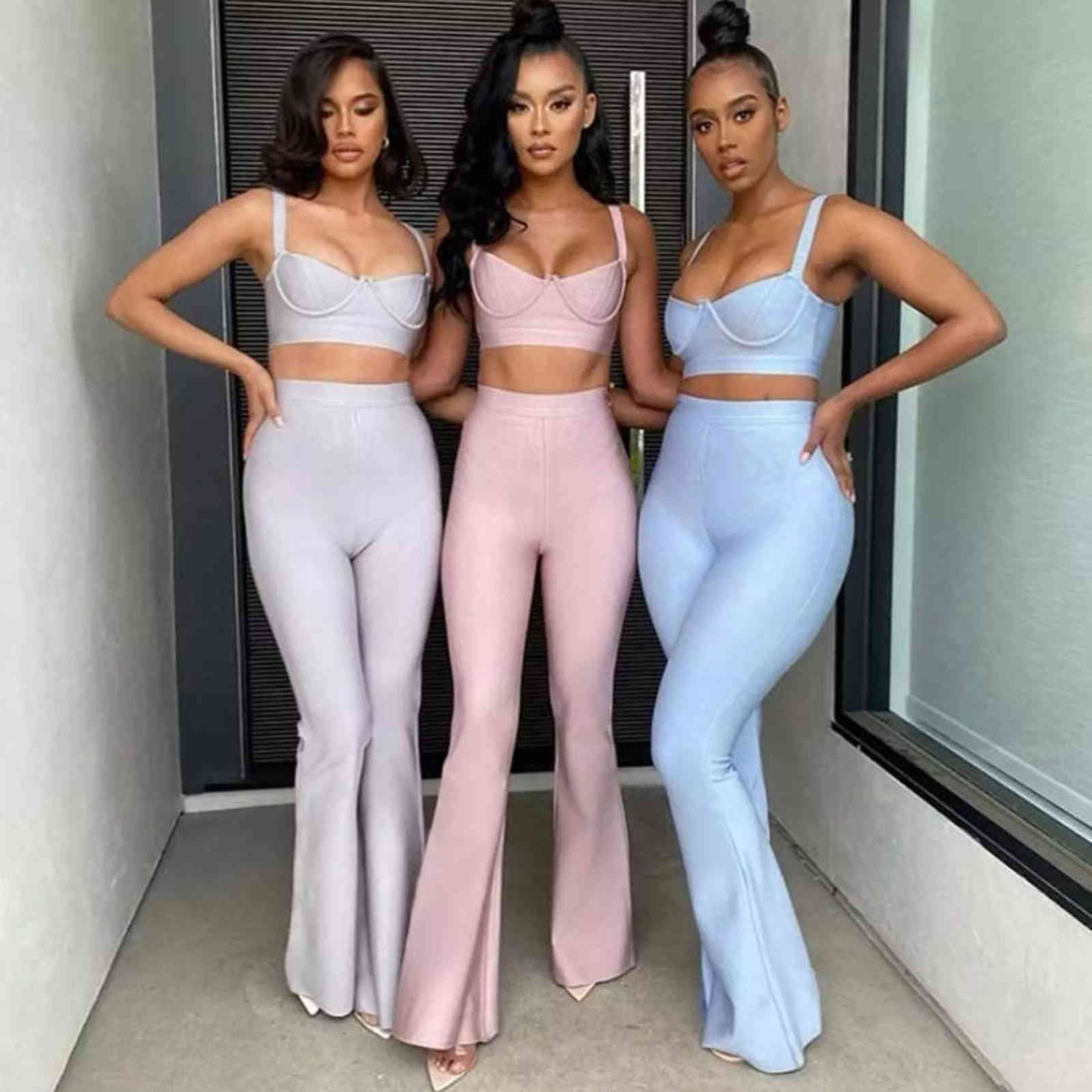 Women's Bandage Set 2 Pieces Strap Sleeveless Bustiers And Long Bell-Bottoms Trousers Sexy Celebrity Party Sheath Vestidos 211105