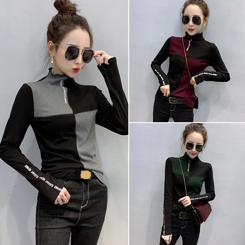 New Women Spring/Autumn Slim T-Shirt Patchwork Bottoming Long Sleeve Casual Korean Minimalist Triko Top Tees Sanded T07833B 210302