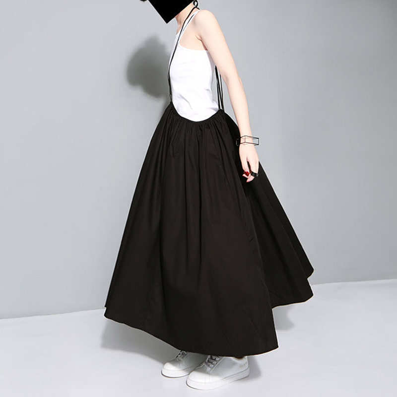Summer Woman Solid Black Long Maxi Skirt Elastic Waist Pleated Infinite Skirt Convertible Lady Loose Casual Suspender Skirt 1388 210306