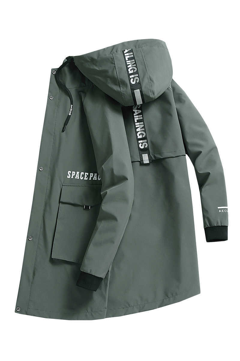 Casual Men's Black Green Windbreaker Jackets Long Trench Coat For Spring Autumn Winter Clothes 210819