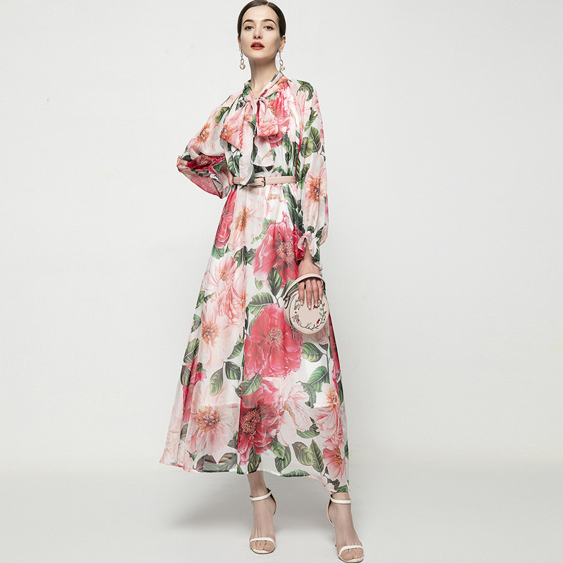 Women's Runway Dress Lace Up Bow Collar Floral Printed Fashion Casual Autumn Dresses Vestidos