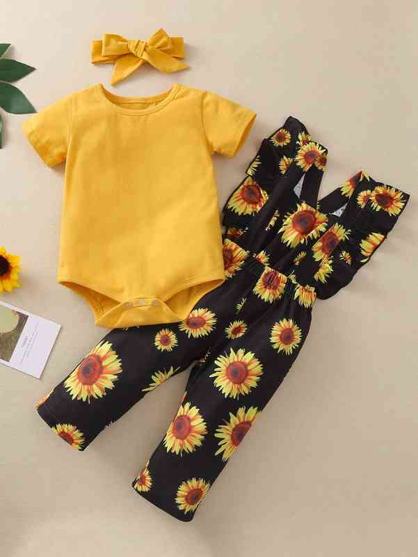 Baby Girl Bodysuit & Ruffle Floral Jumpsuit & Headband SHE