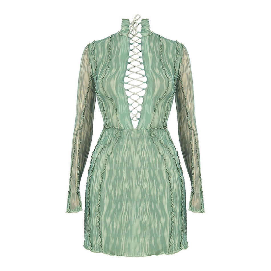 Summer Ladies High-Quality Fashion Print Hollow Long-Sleeved Tight-Fitting Mini Sexy Star Party Dress Vestidos 210525