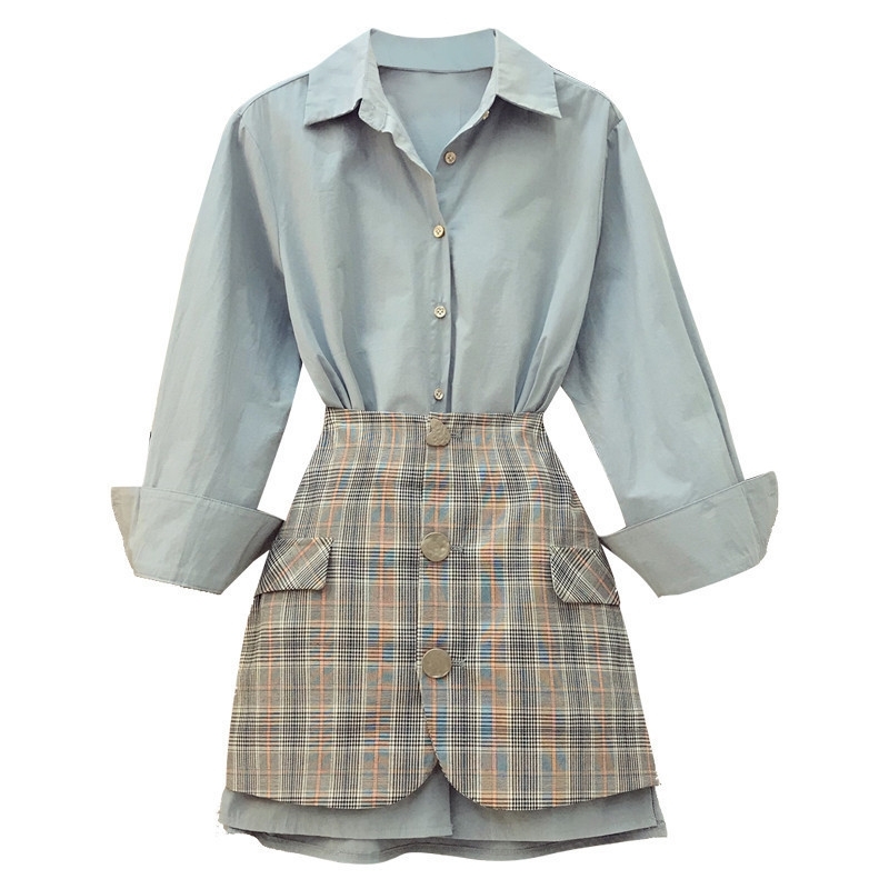 New Fall Womens Lapel Long Sleeve Blue Long Shirt High Waist Package Hip Plaid Skirt Twopiece Ladies OL Mini Skirts Set T200325