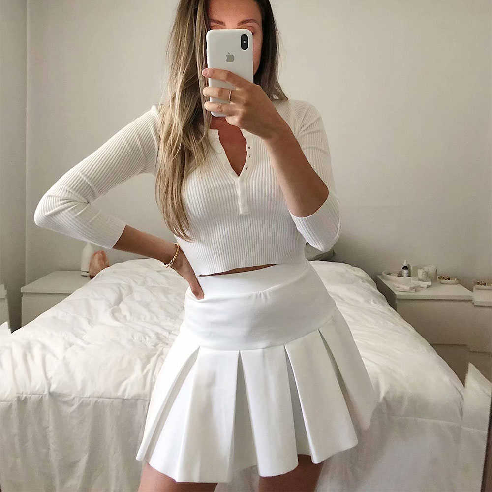 Fashion Women A-Line High Waist Tennis Pleated Mini Preppy Style Skirt Slim Solid Casual Kawaii Clothes 210619