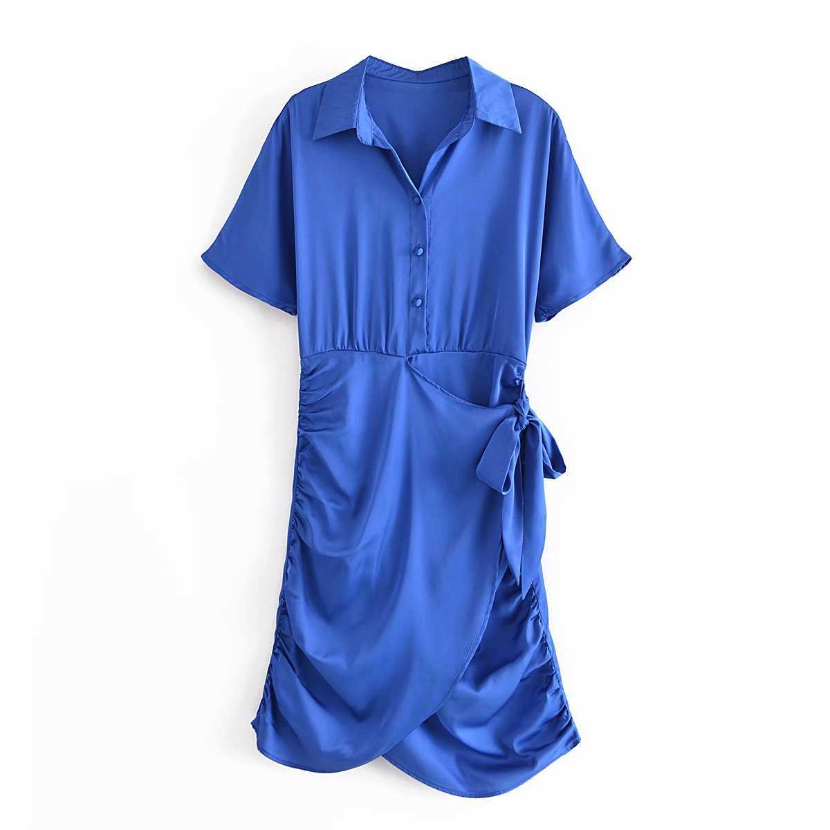 Summer Dress Women Short Sleeves elegant Casual Fashion Chic Lady Satin Shirt Dress Za Woman Prom Dresses Robe Femme 210709