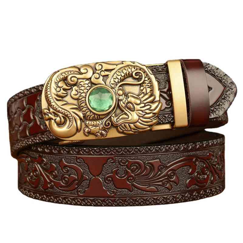 Waist Belt s Buckles National Style Tang Grass Pattern Carved Men's Genuine Cow Leather Personality Dragon Spitting Pearl Automatic Buckle Trouse