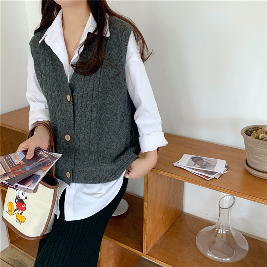 QOERLIN Preppy Single Breasted Knit Vest Spring Autumn Sleeveless Sweater Vest Women Knitted Crop Tops Casual Waistcoat Outwear 210218