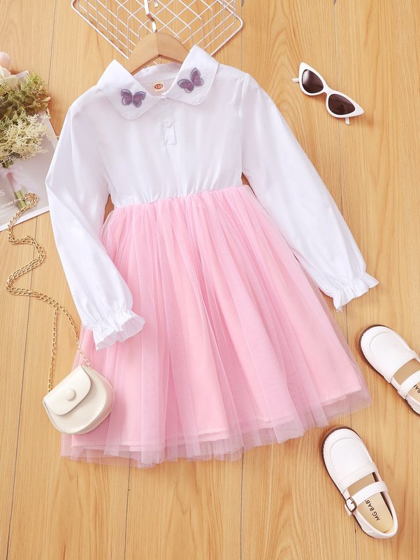 Girls Two Tone Butterfly Appliques Mesh Hem Dress SHE