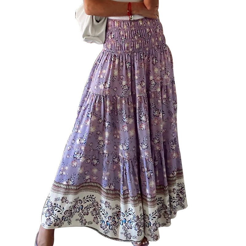 2021 Summer New Women's Printing Skirts Elastic High Waist Long Skirt Floral Pleated A-line Boho Skirts Chic Mujer Maxi Skirts 210309