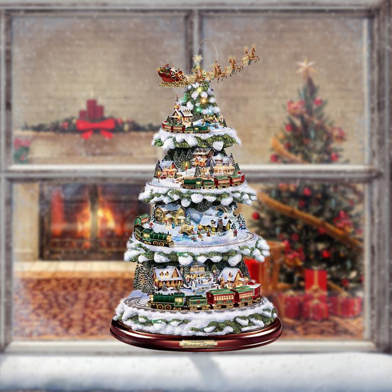 Christmas Tree Rotating Train Window Stickers - 2024 Winter Home Decor, Paste & Removable, Multicolor, Thick Material