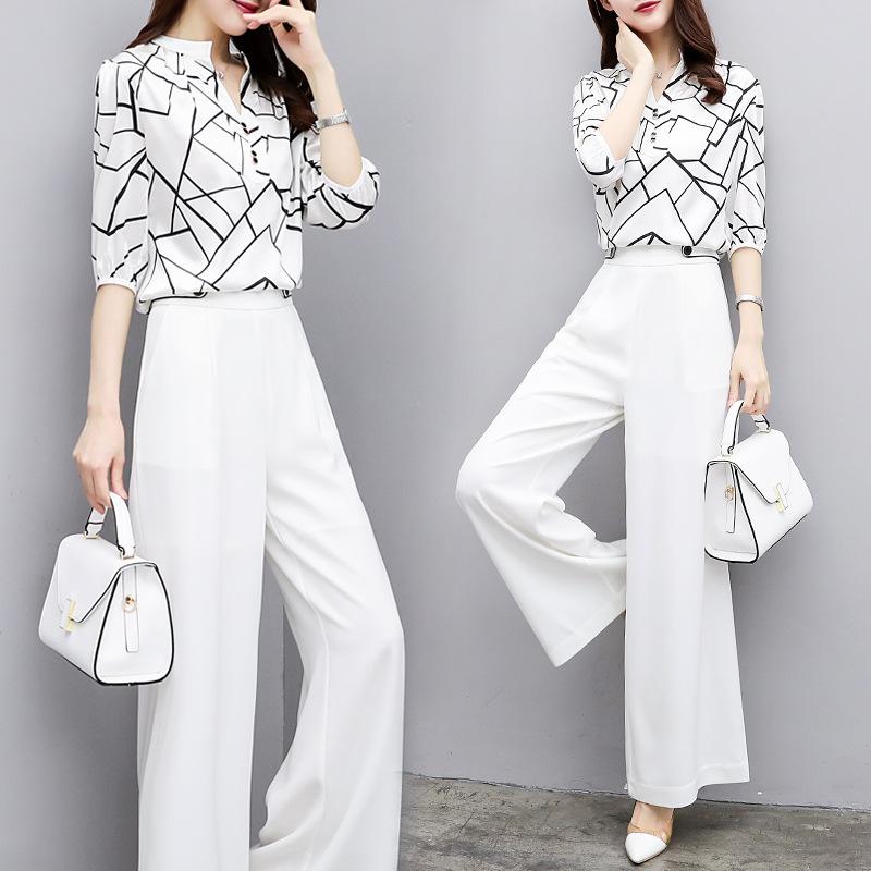 2021New Women Summer Suits Blouse Shirt Two Piece Pant Set Loose Elegant Chiffon Tops White Wide Leg Pant